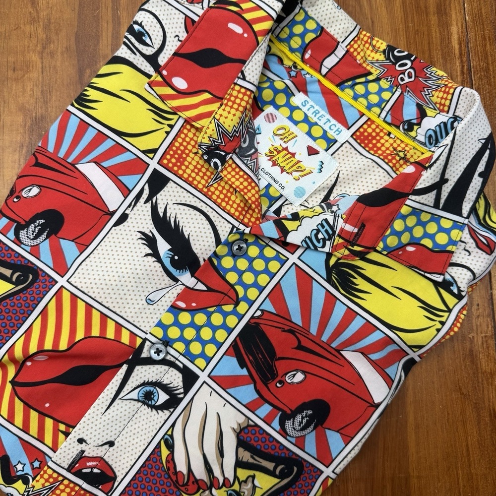 Oh Snap! Short Sleeve Shirt Stretch Drill Comic Pop Art Lips Girls Cars Kiss LG
